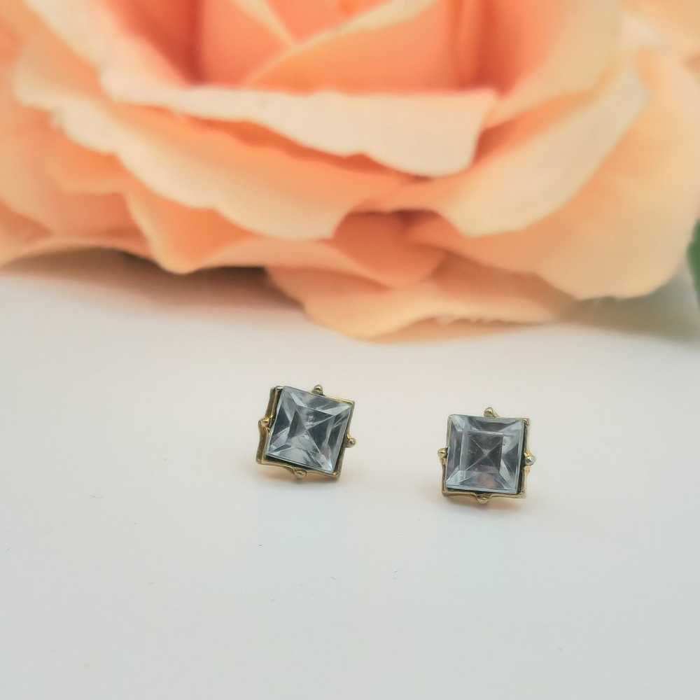 Vintage gold blue princess cut earrings - image 3