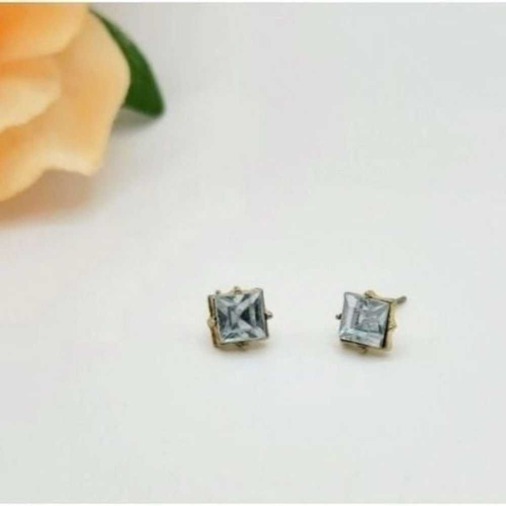 Vintage gold blue princess cut earrings - image 4