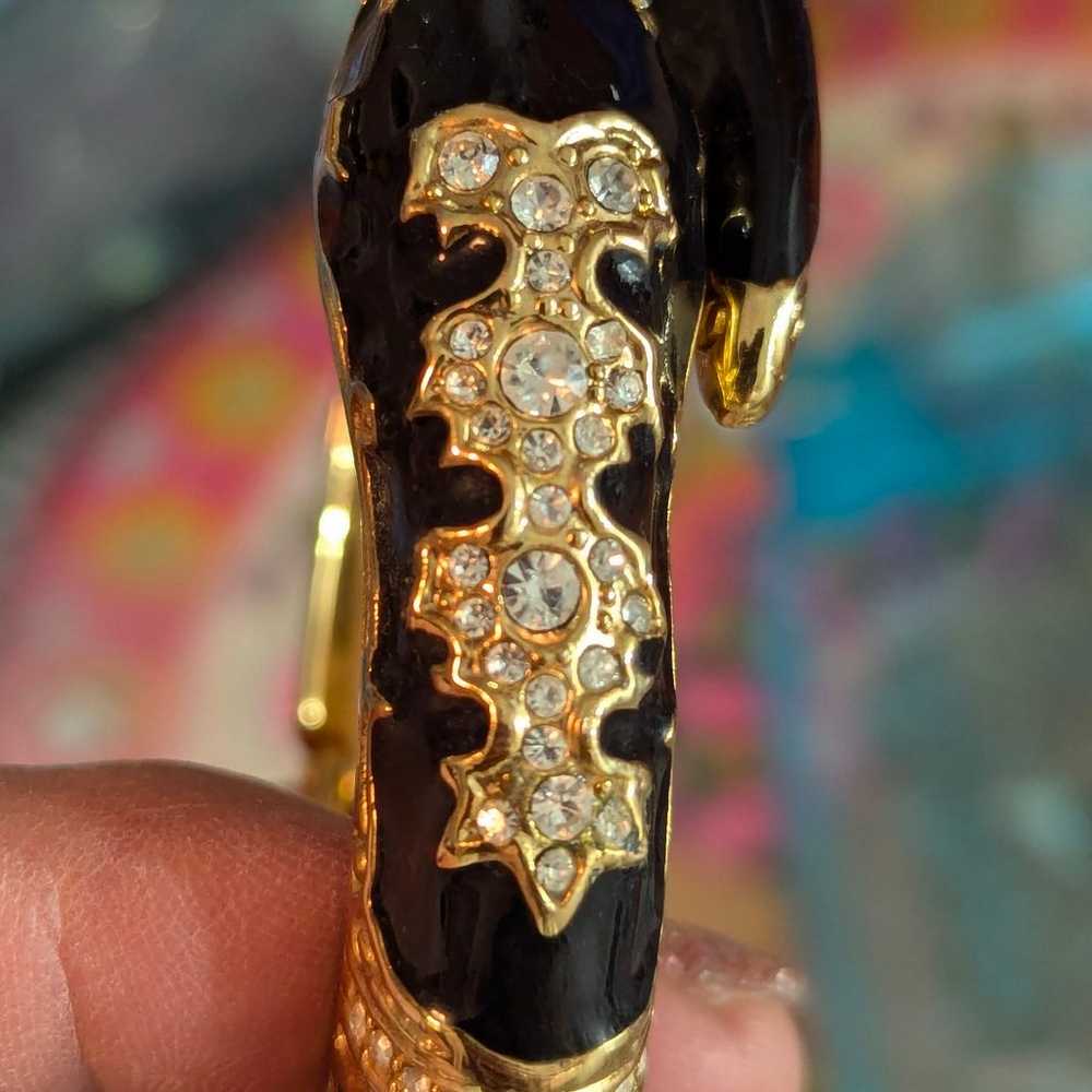 Vintage Clamper Black Enamel Rhinestones Serpent … - image 5