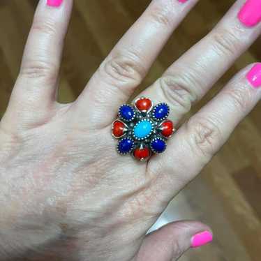 Vintage Sterling coral turquoise ring sz