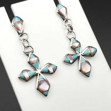 Sterling James Kee Petite Zuni Inlay Cross Earrin… - image 1