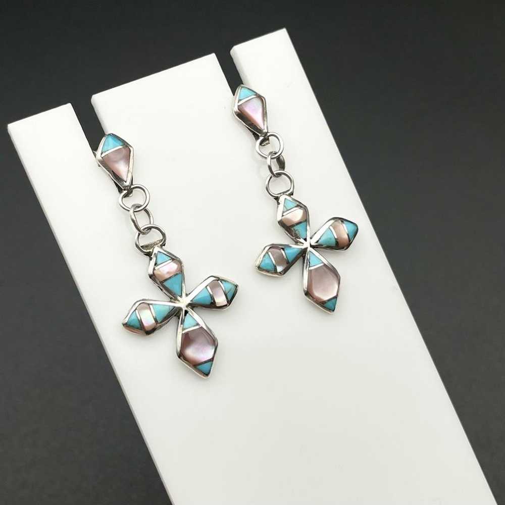 Sterling James Kee Petite Zuni Inlay Cross Earrin… - image 2