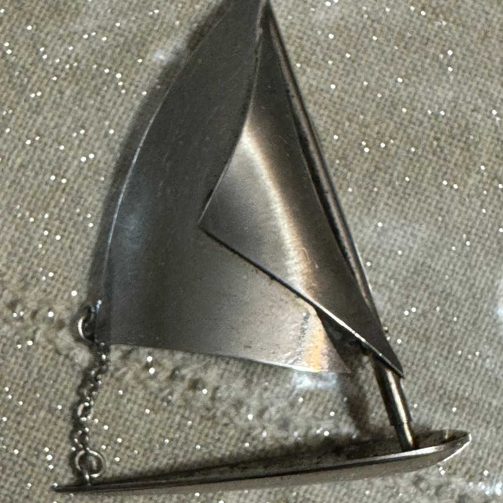 Vintage Sterling Silver Sail Boat Brooch - image 1