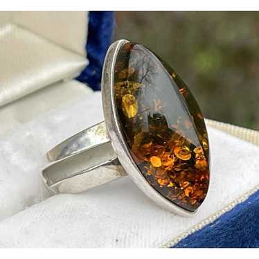 Huge Baltic Amber Vintage outlet Ring Size 5 Silver Tone Metal Hallmarked