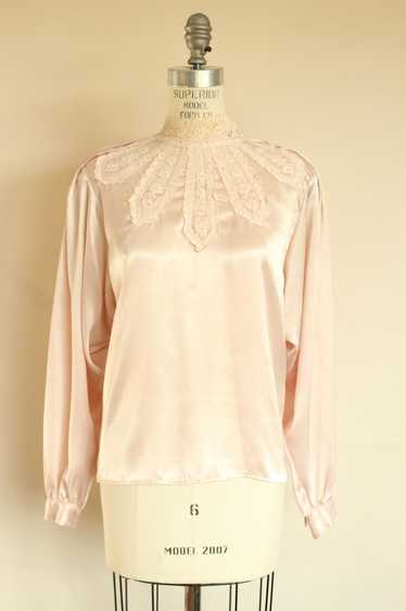 Vintage 1980s Pink Satin Victorian Style Blouse