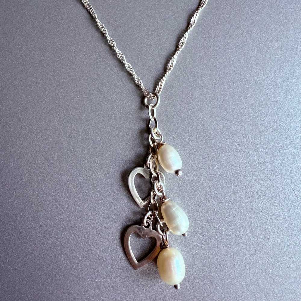 White Freshwater Pearl Dangle Hearts Pendant Chai… - image 1