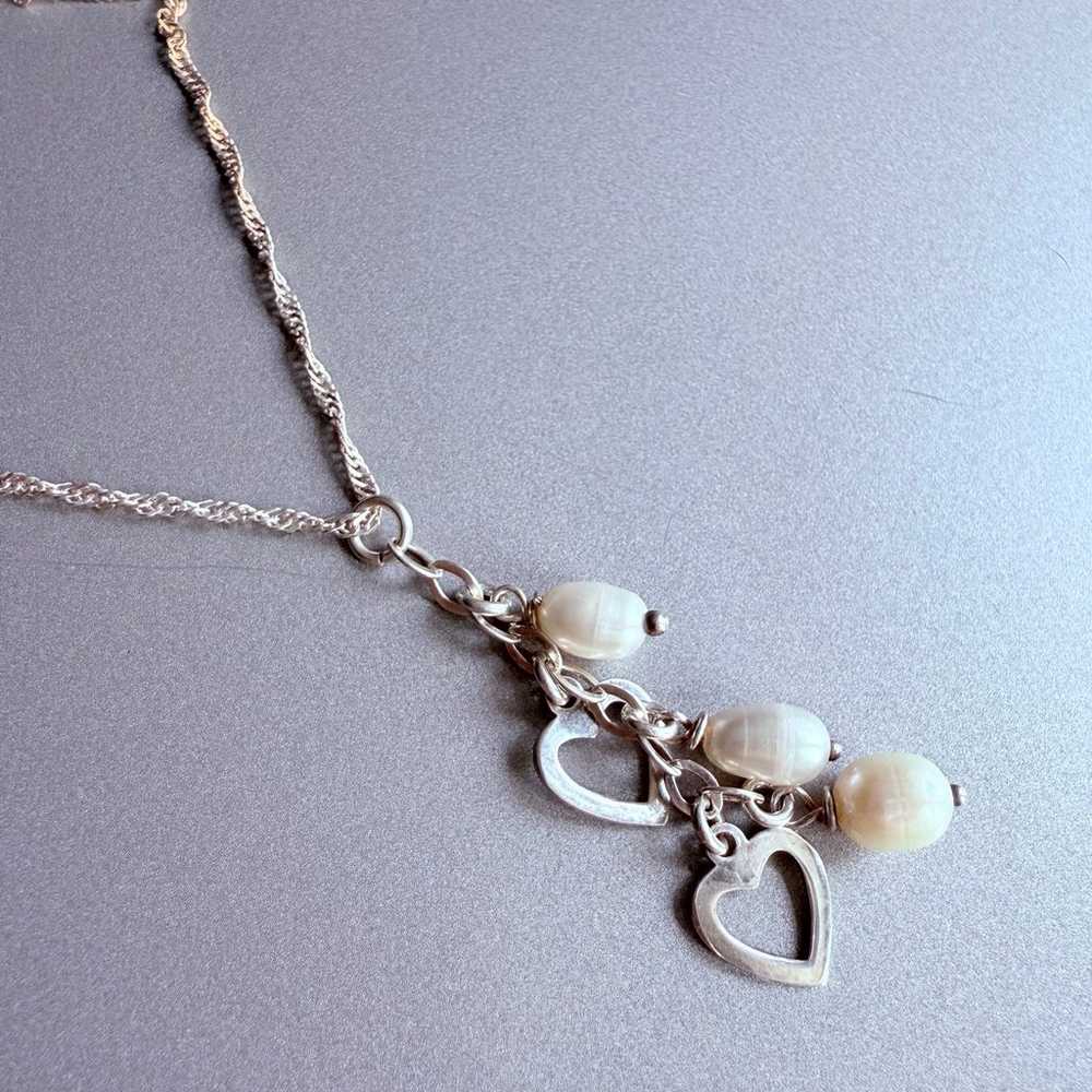 White Freshwater Pearl Dangle Hearts Pendant Chai… - image 2