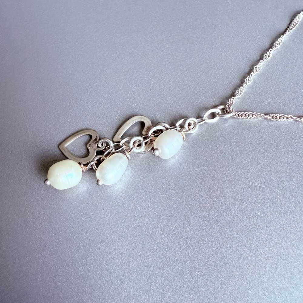 White Freshwater Pearl Dangle Hearts Pendant Chai… - image 3