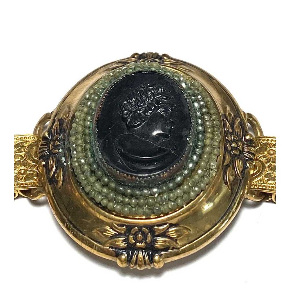 Vintage Cameo Bracelet Oval Lady Black Gold Tone … - image 3