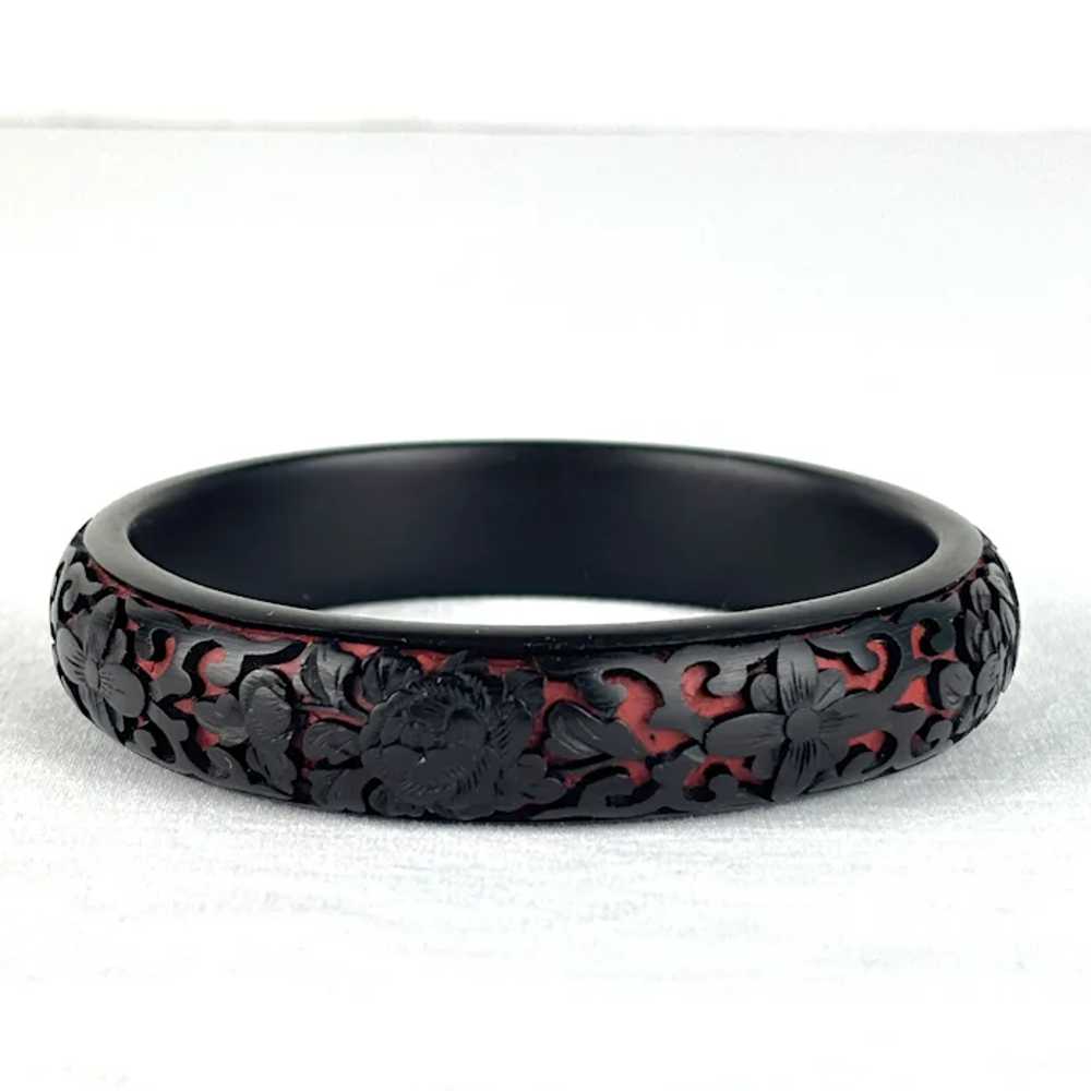 Vintage Chinese Black and Red Carved Lacquer Bang… - image 2