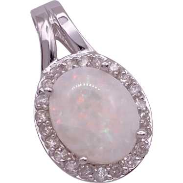 Diamond Halo Natural Opal Pendant 14K White Gold - image 1