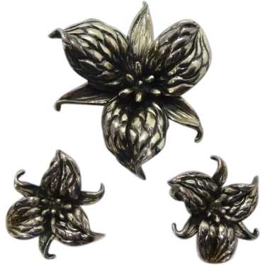 Napier Solid Sterling Flower Pin and Earrings