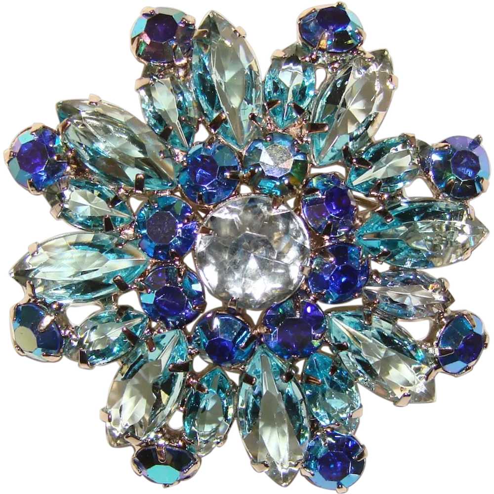 Fabulous AQUA BLUE & AURORA Vintage Rhinestone Br… - image 1