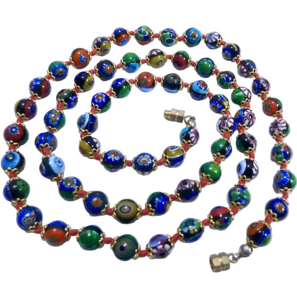 Gorgeous Millefiori Bead Necklace Hand Knotted Co… - image 1