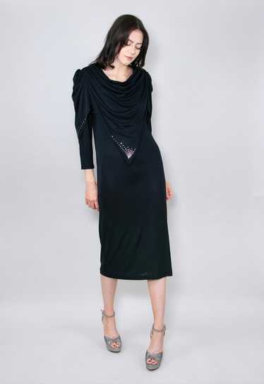 80's Vintage Black Diamante Ruched Midi Dress