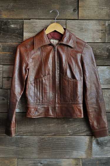 Vintage 70s Cropped Cognac Brown Leather Jacket | 