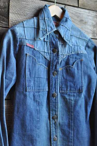 Vintage 70s Brittania Windowpane Denim Shirt | XS/