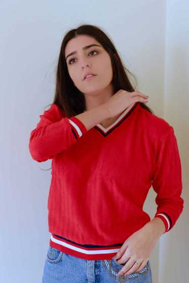 ONZA Vintage 70s Red V-Neck Sweater - Retro Stripe