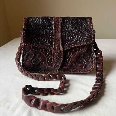 Vintage Floral Tooled Leather Handbag Woven Should