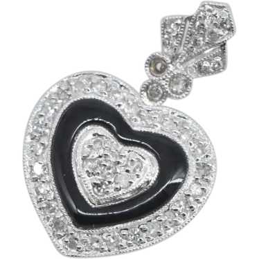 14K Pave Diamond Encrusted Black Enamel Heart Pen… - image 1