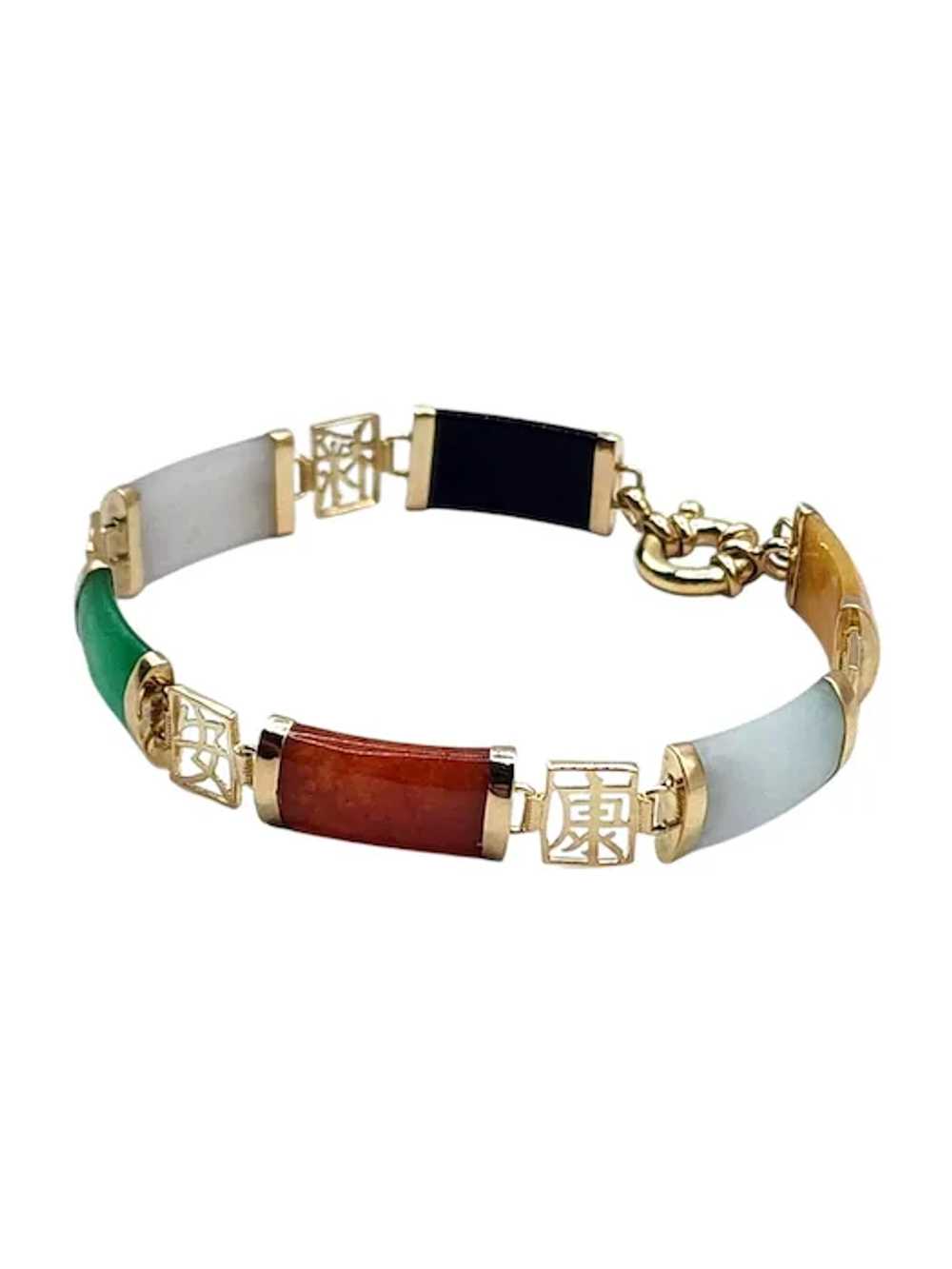 14 Karat Yellow Gold Dyed Multicolored Jade Brace… - image 7