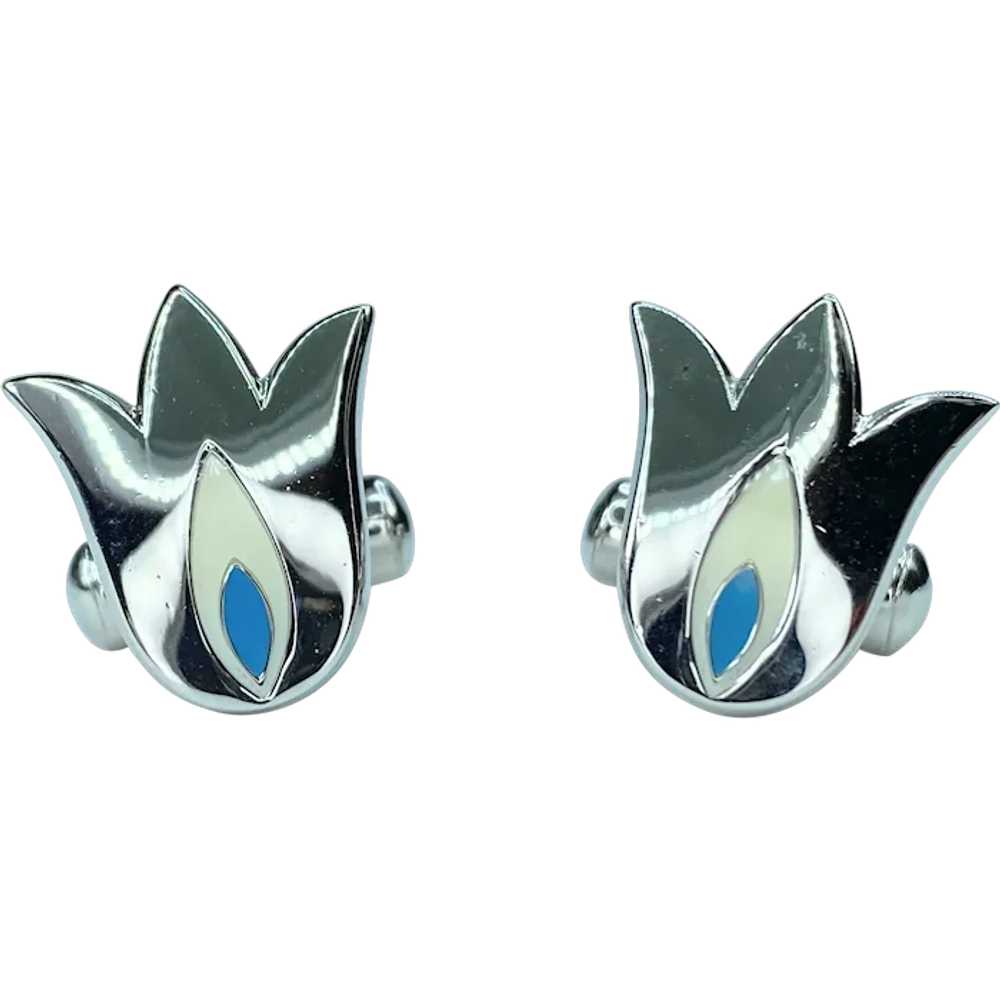 Blueberry Blue & White enamel Tulip flower cuffli… - image 1