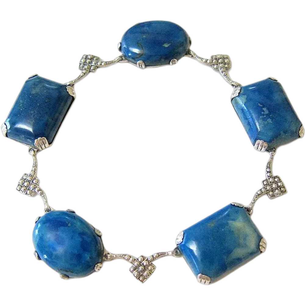 Art Deco Sterling Silver Azurite Stone Bracelet - image 1