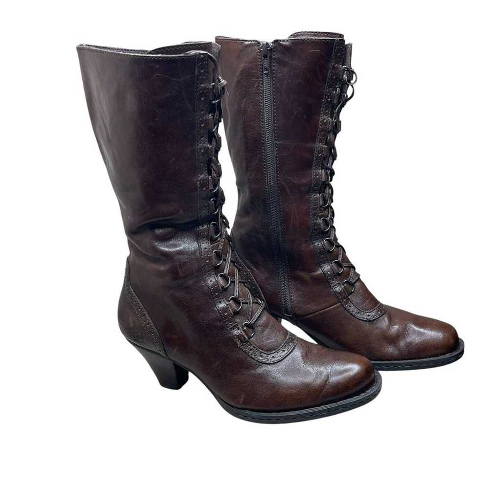 Born Brown Leather Tall Lace Up Granny Boots Wome… - image 1