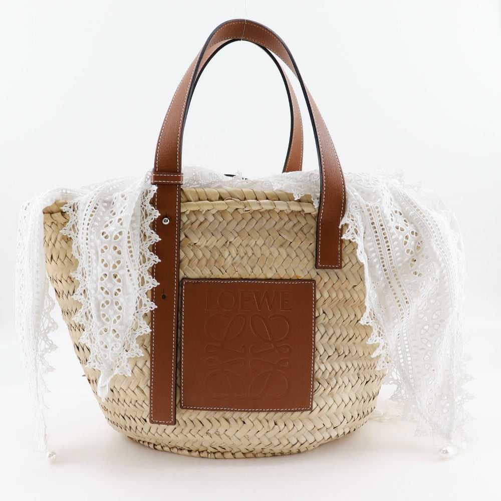 LOEWE Tote Bag Raffia, Leather, Cotton Beige / Br… - image 1