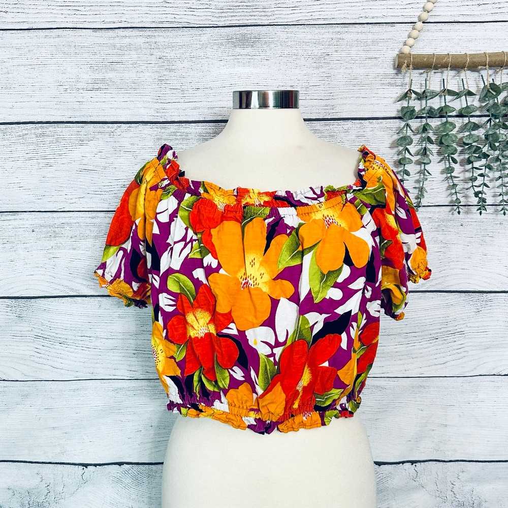 Vintage Tropical Print Off The Shoulder Crop Top … - image 1