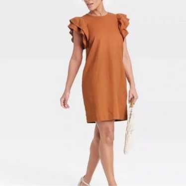 A New Day Linen Brown Shift Dress Ruffle Sleeve S… - image 1