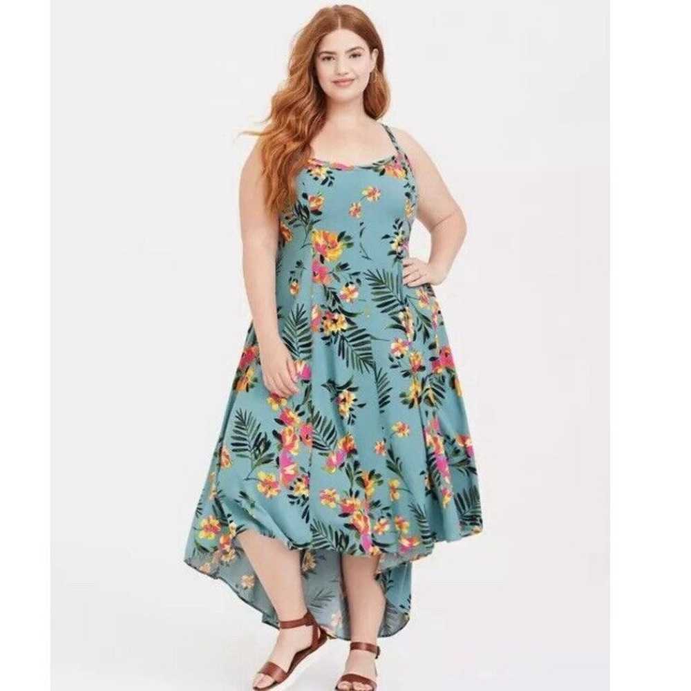 Torrid Green Floral Challis High-Low Sleeveless M… - image 1