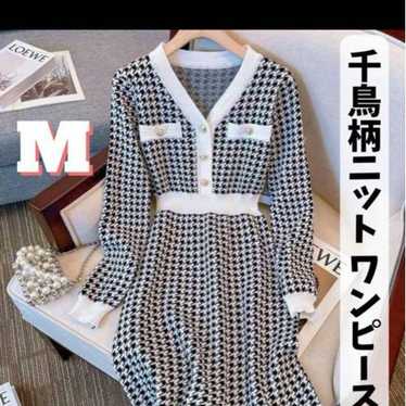 Houndstooth Pattern Knit Dress M Monochrome Gold … - image 1