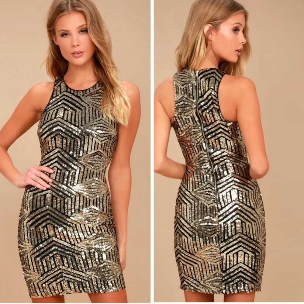 Lulus Royal Flush Black and Gold Sequin Bodycon D… - image 1