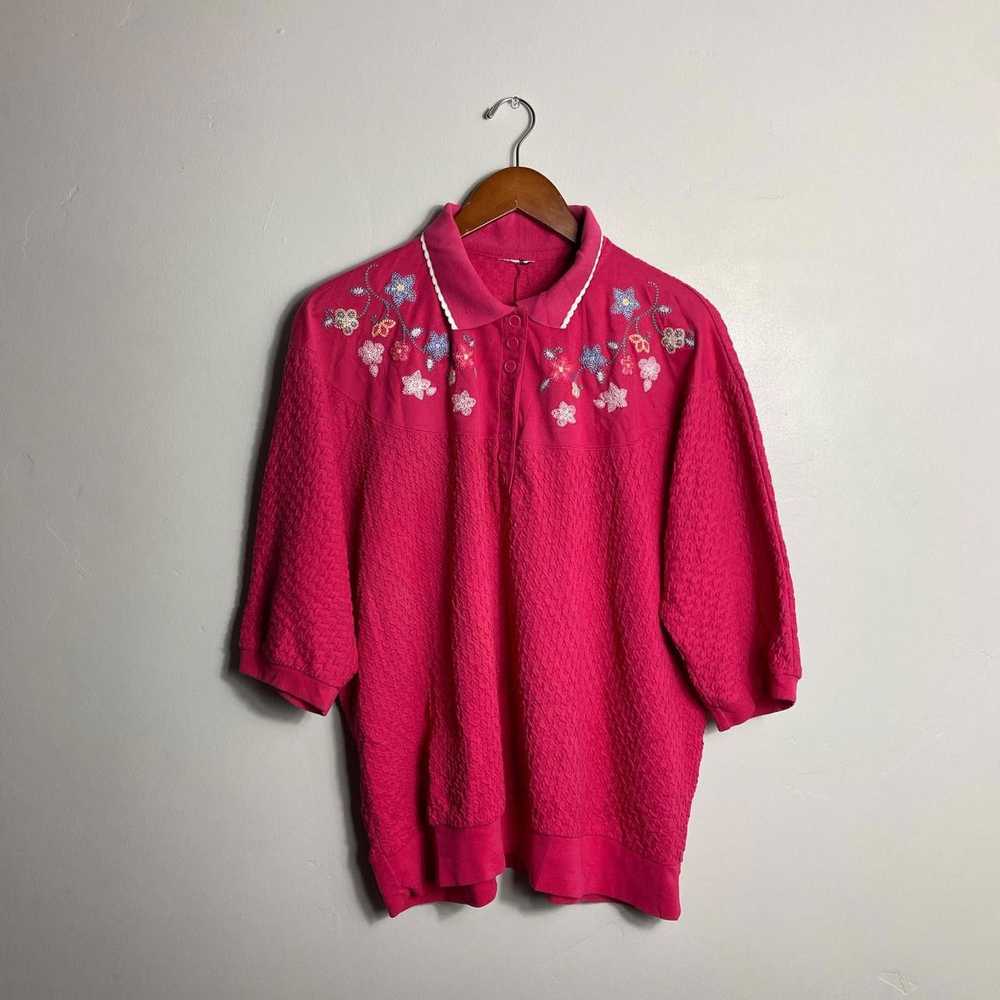 Vintage Pink floral embroidered polo shirt - image 1