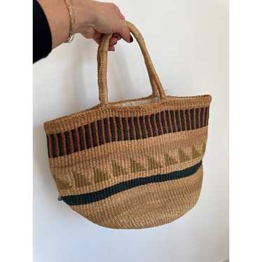 Vintage Handwoven Bohemian Straw Tote Bag with Tr… - image 1