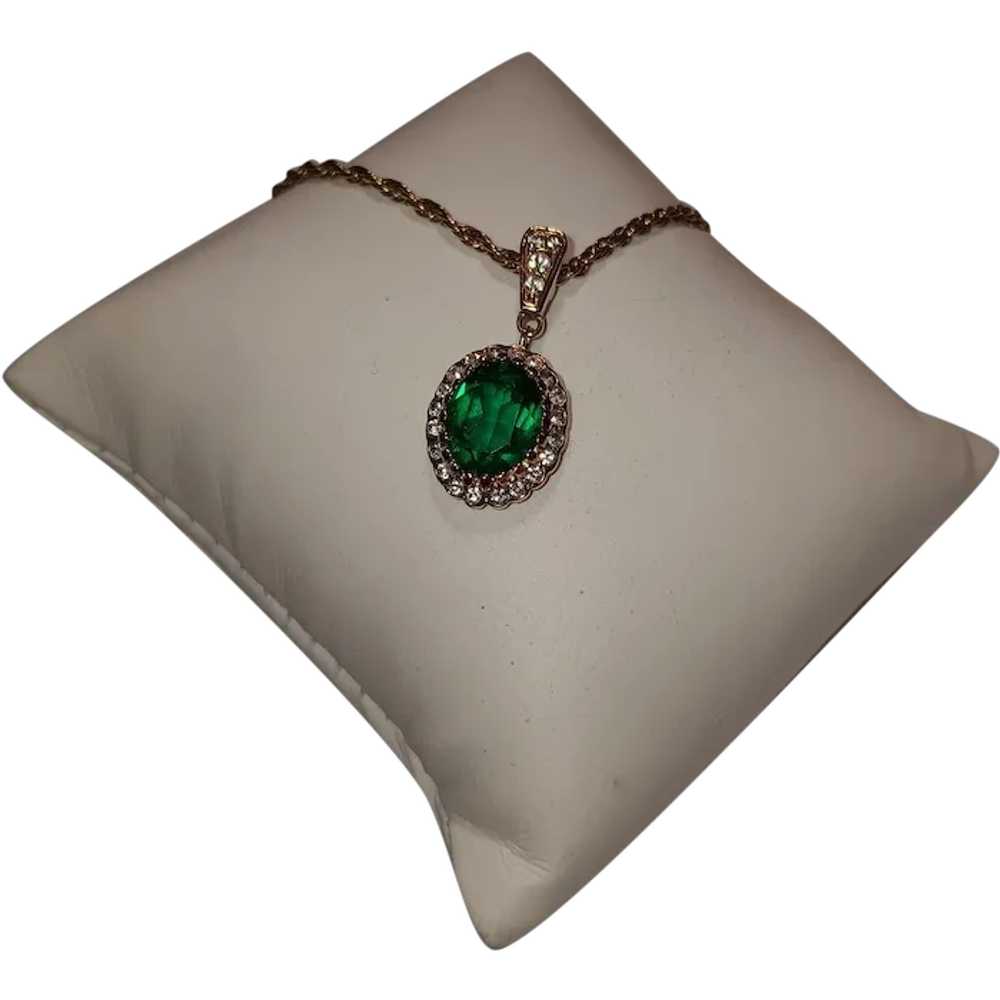 Faux Emerald & Diamond Oval Pendant Necklace by A… - image 1