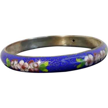 Vintage Asian Blue Enamel Floral Bangle Bracelet