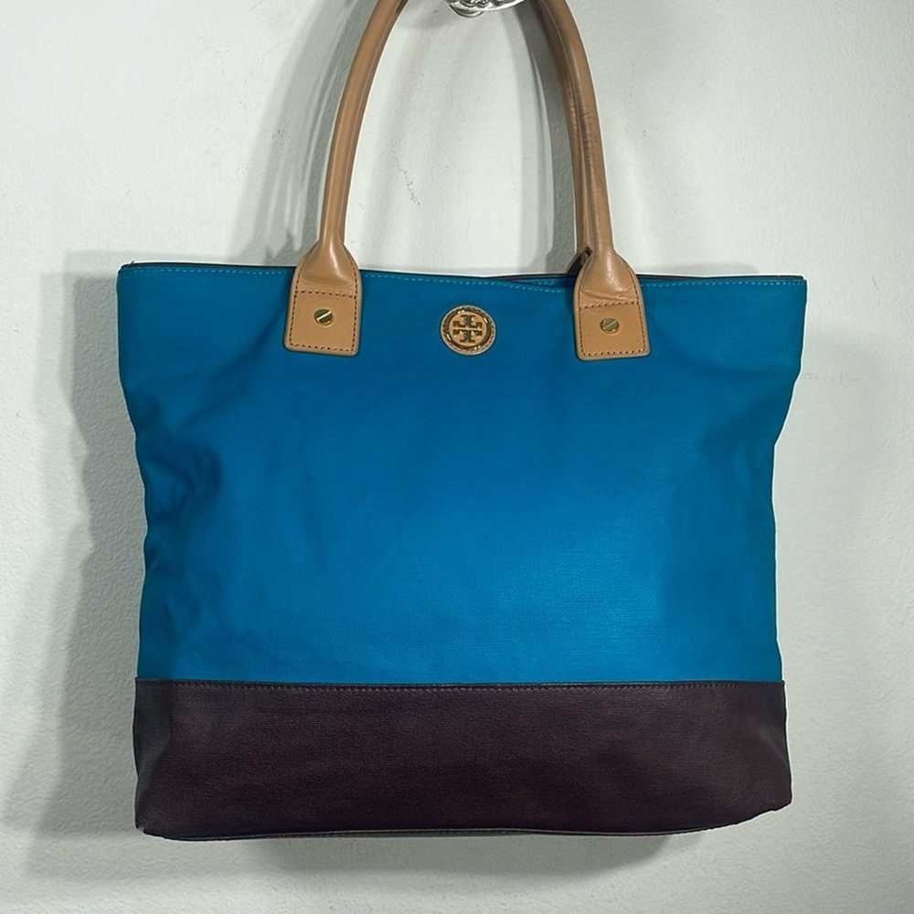 TORY BURCH Jaden Blue Canvas and Leather Tote Bag - image 1