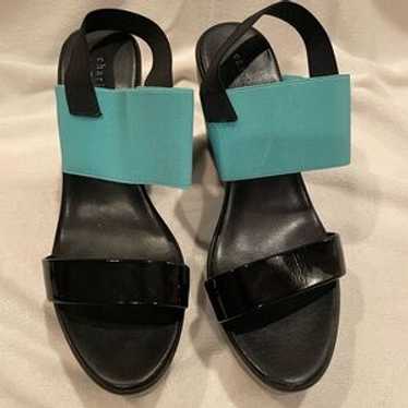 Charles David Black Platform Wedges With Teal Str… - image 1