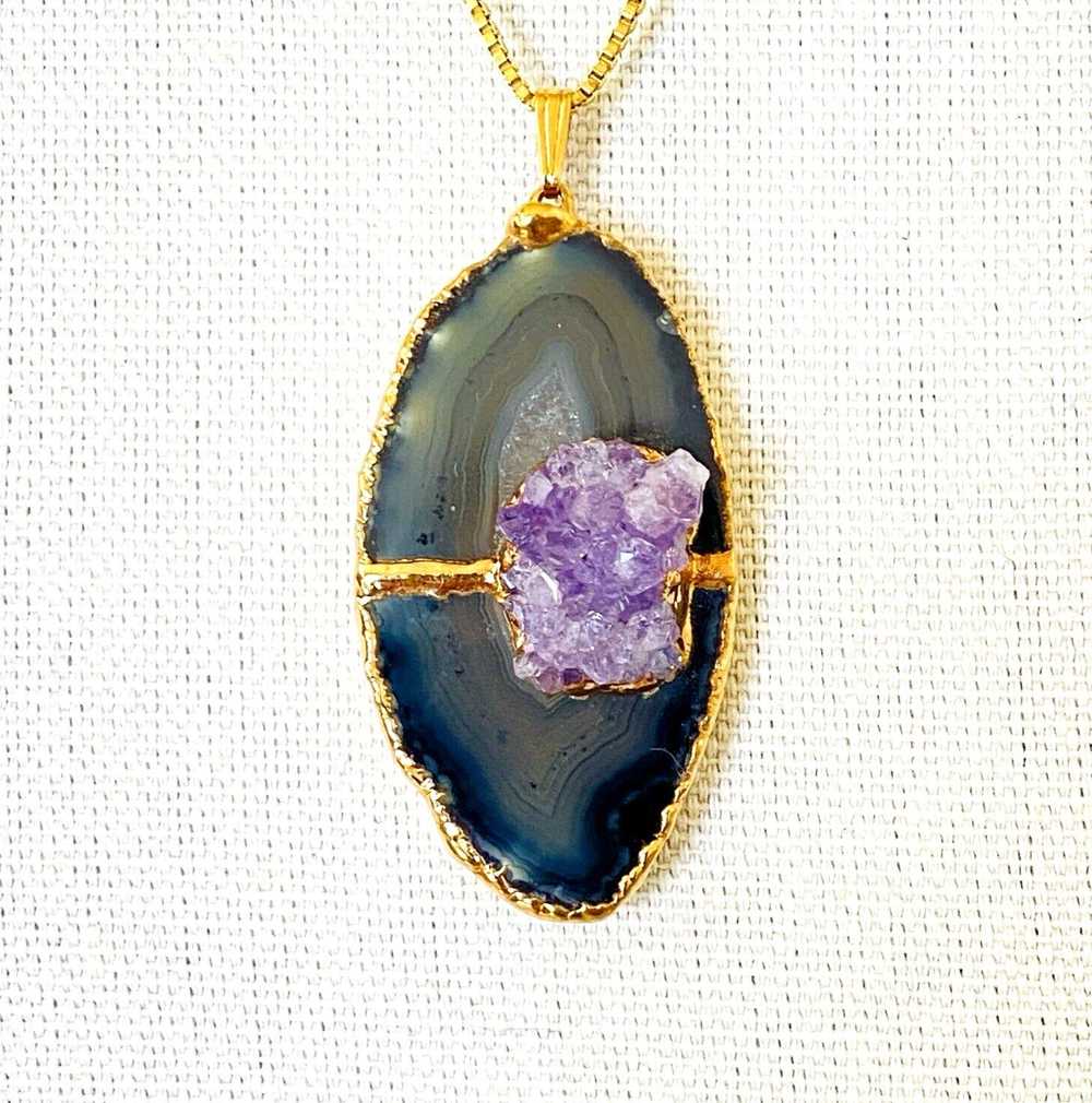 Agate Slice Amethyst Druzy Pendant Necklace - image 1