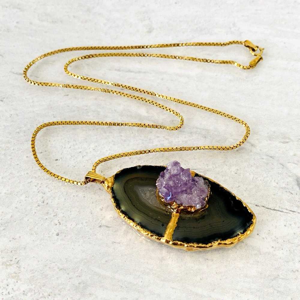 Agate Slice Amethyst Druzy Pendant Necklace - image 4