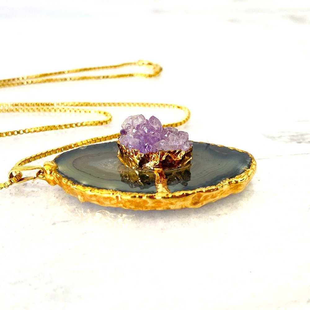 Agate Slice Amethyst Druzy Pendant Necklace - image 5