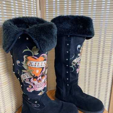 Ed Hardy Love and Roses Suede Leather Fur boots Sz hotsell US 10