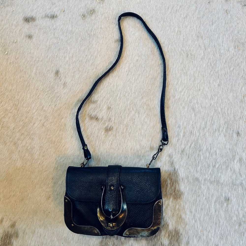 Antique Deep Blue Leather Purse with Brass Buckles - image 1