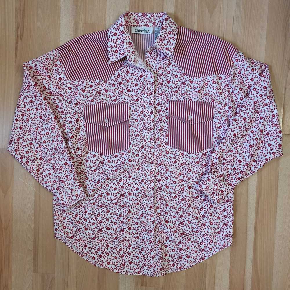 Vintage Cristina Red And White Floral Button Down… - image 1