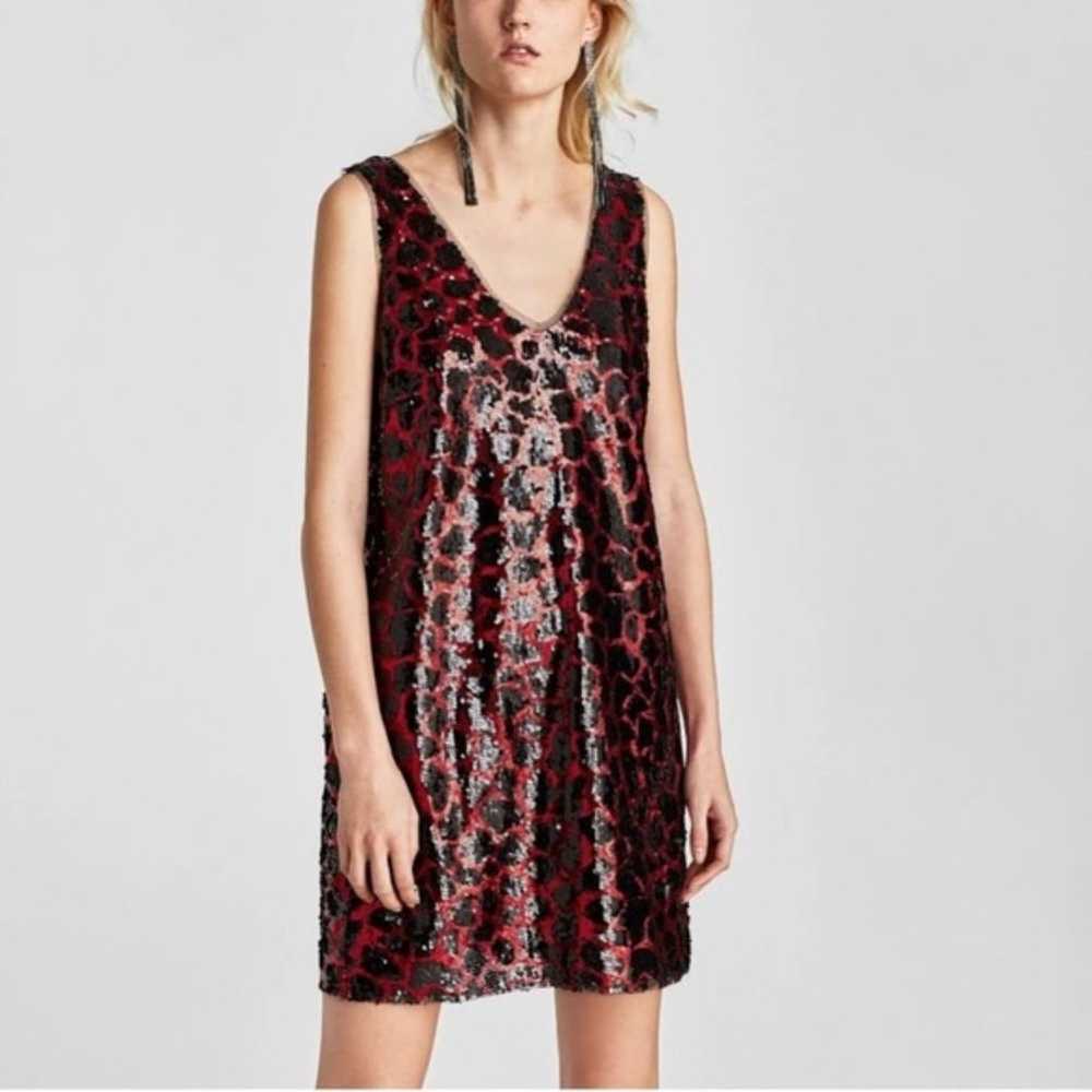 Zara red and black animal print sequin sleeveless… - image 1