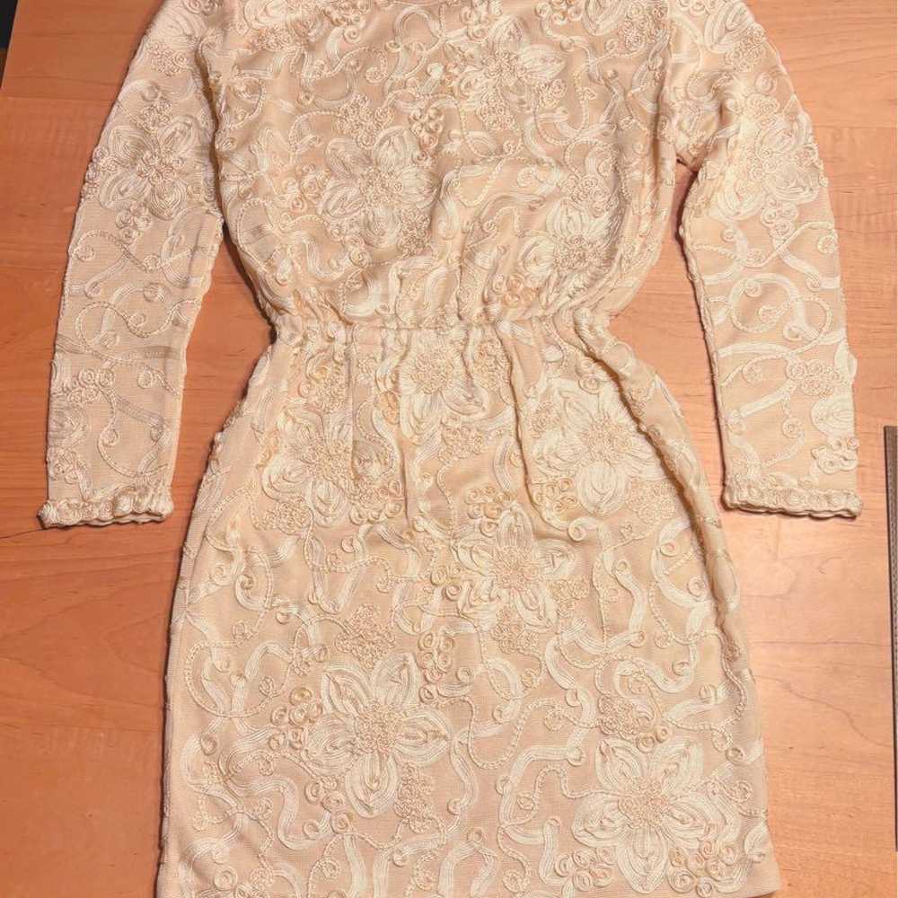 Beige lace embroidered long-sleeve dress - image 1