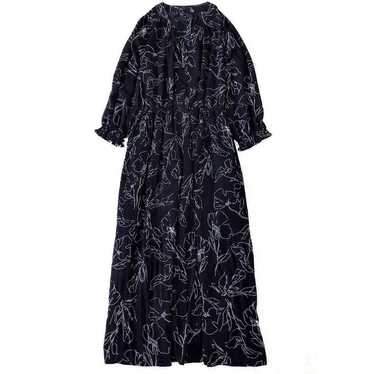 A252 SHEENA DEL RAY Long Dress Black Floral Patte… - image 1