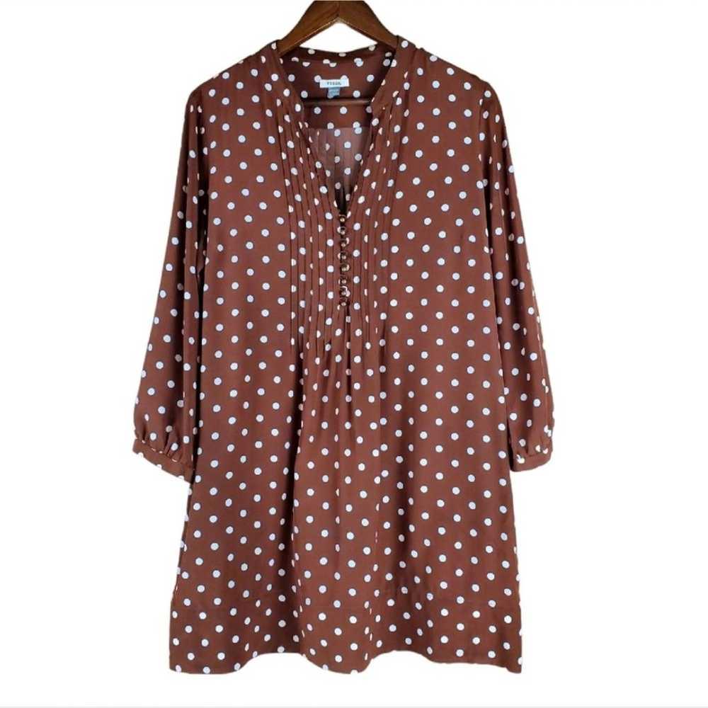 FOSSIL Brown with White Polka Dot 3/4 Sleeves V-N… - image 1